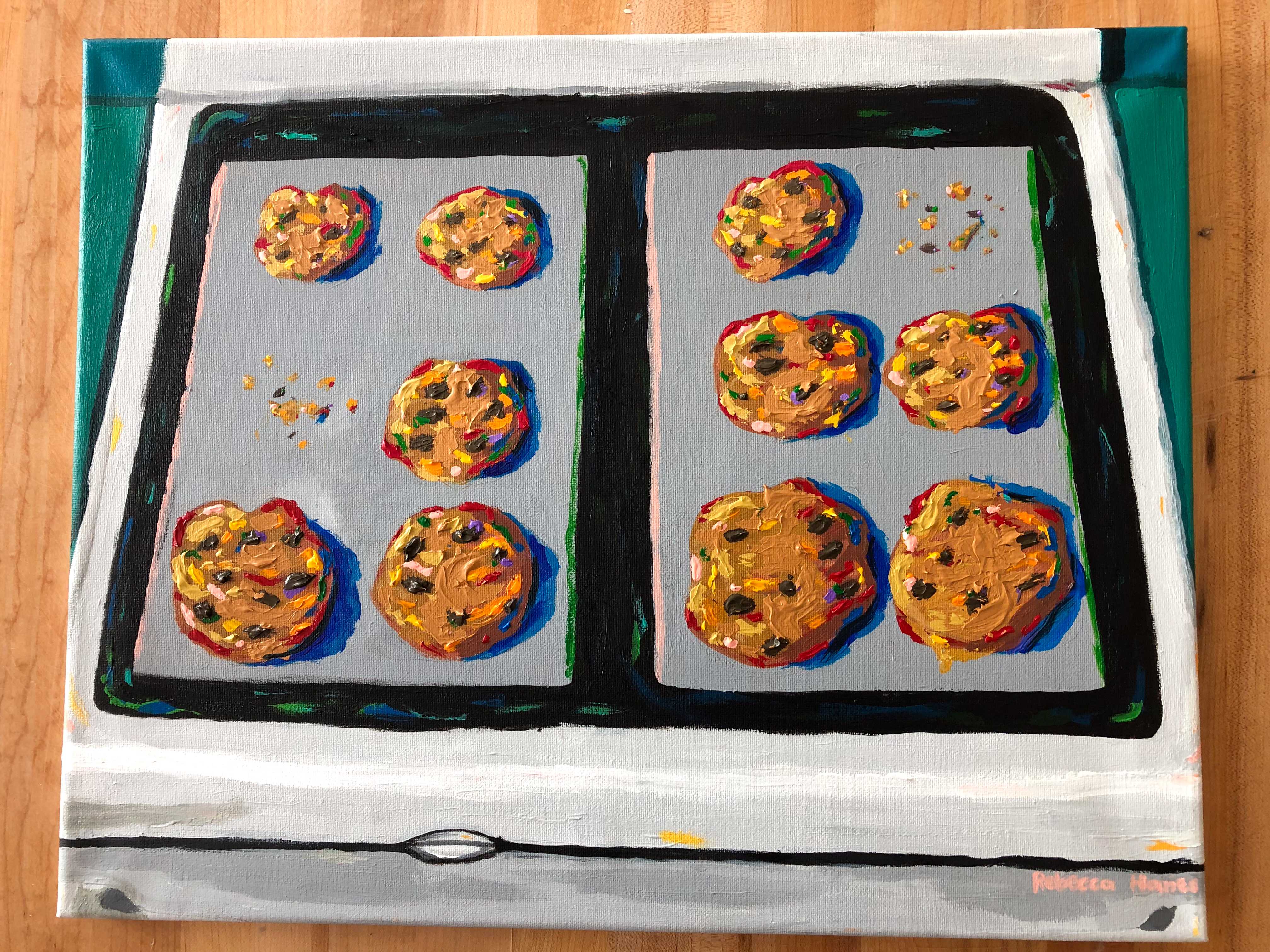 "Baked Cookies" Painting. A colorful display of cookies on a baking sheet
